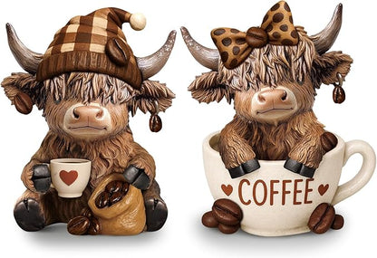 Wesiti 2 Pcs Highland Cow Figurines Coffee Highland Cow Gnomes Scottish Resin Statue Calf Lovers Gifts for Christmas Home Garden Kitchen Office Tiered Tray Table Decor