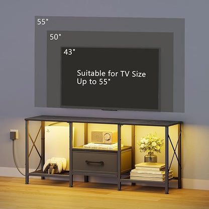 LED TV Stand with Fabric Drawer, Entertainment Center for 50 55 Inch TV, Industrial TV Console Table with Open Storage Shelves for Living Room, Bedroom, Black
