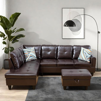Modern Living Room Furniture Sets with Pillows, Modular Sectional Couches with Chaise Lounge, 4-Seaters L Shape Sofa with Storage Ottoman, for Living Room, Faux Leather, Brown