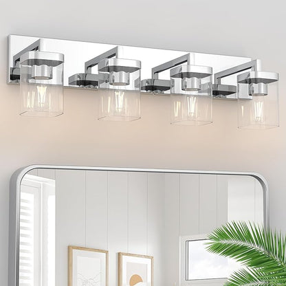 Chrome Bathroom Vanity Light, Square Design 4 Lights Morden Vanity Lighting Fixtures Over Mirror, Bathroom Vanity Light Fixtures for Living Room/Bedroom