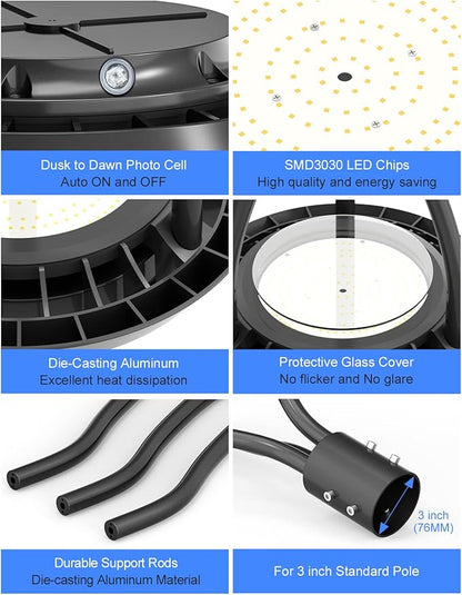 KUKUPPO 80W LED Post Top Light 80W/64W/48W Wattage Selectable ETL Listed 11200Lm LED Post Pole Top Light Dusk to Dawn IP65 Waterproof for Outdoor Commercial Pole Light Fixture AC100-277V