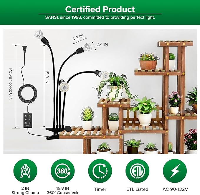 SANSI LED Grow Lights for Indoor Plants, Lifetime Free Bulb Replacement, 600W Full Spectrum 4-Gooseneck Clip Plant Grow Light, Plant Light with Timer 4/8/12 Hrs, High PPFD Growing Power Grow Lamp