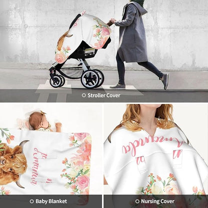 Personalized Baby Car Seat Canopy for Babies with Name, Custom High Land Cow Stroller Car Seat Covers for Girls, Minky Nursing Carseat Cover for Breastfeeding, Car Seat Canopies for Newborn
