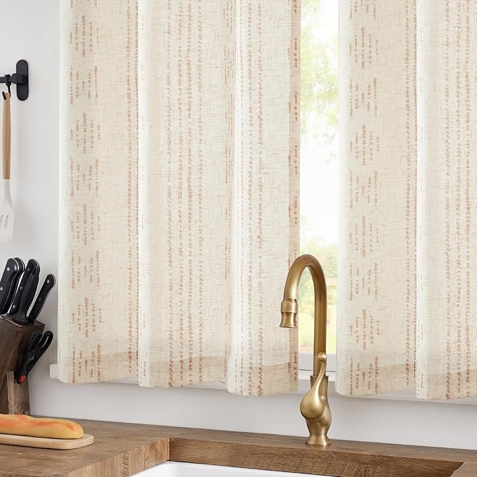 jinchan Boho Kitchen Curtains Linen Tier Curtains 24 Inches Bohemian Cafe Small Drapes Striped Mudcloth Farmhouse for Bathroom RV Camper Light Filtering Rod Pocket 2 Panels Taupe on Beige