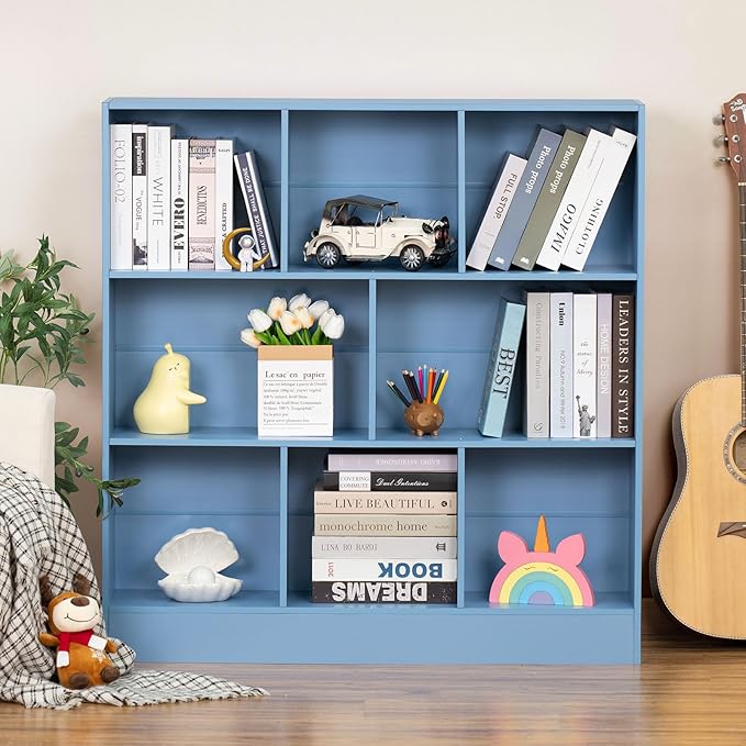 YAHARBO 3 Tier Bookshelf,Wide Kids Horizontal Bookcase,8 Cube Blue Book Shelf,Large Display Toy Storage Cabinet with Base,Floor Standing Modern Bookcases Organizer for Bedroom,Nursery,Playroom