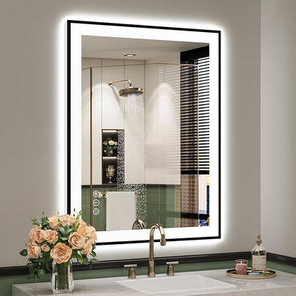 28x36 Inch LED Bathroom Mirror with Lights (Front Lit and Backlit) Black Framed Lighted Vanity Mirror for Bathroom Wall Dimmable Anti-Fog Memory Tempered Glass Horizontal/Vertical
