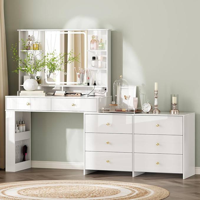 Makeup Vanity Desk with Mirror and Lights, Vanity Desk with 8 Drawers & Storage Shelves, Vanity Table with Power Outlet, 3 Color Modes & Adjustable Brightness Dressing Table, Bedroom,White2