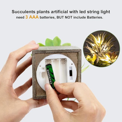 Mingfuxin Succulents Plants Artificial, Small Faux Plants with Lights, Assorted Decorative Fake Succulent Potted for Office Desk Bathroom Bedroom Shelves Windows Room Decor