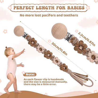 Pacifier Clip for Boys Girls Floral Daisy Macrame Baby Paci Clip Pacifier Holder Leash Boho Wooden Clips Handmade Braided Cotton Binky Clips (1pack:Maillard Style)