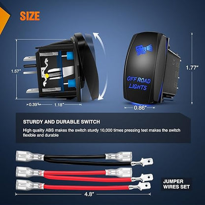 Nilight Off Road Lights Rocker Switch Led Light Bar 5 Pin Laser On SPST Switches 20A/12V 10A/24V Blue with Jumper Wires Set for Cars Trucks Boats ATVs UTVs RVs