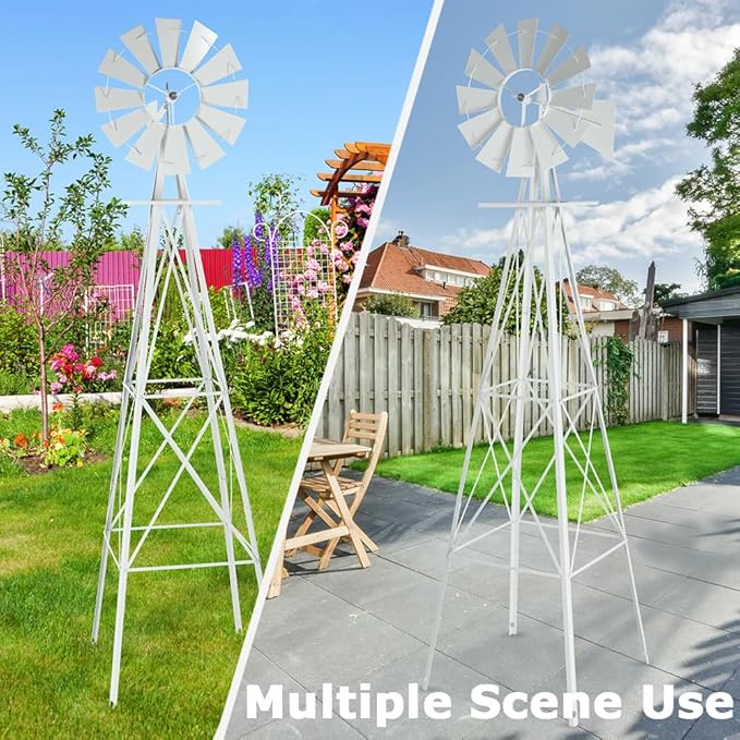 8FT Windmill for Yard Garden Decoration with Weather Vanes，Heavy Duty Outdoor Wind Mills, Large Metal Outdoor Windmill,Weather Resistant,White
