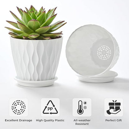 FaithLand 6-Pack 6-Inch Plastic Plant Pots with Saucers | Thickened PP Material, Modern Wave Texture, Enhanced Drainage for Indoor/Outdoor Garden Plants | White Value Set