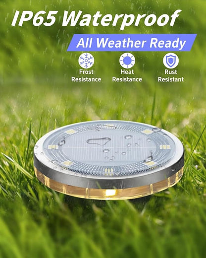Solar Ground Lights Outdoor 2 Pack Waterproof, Upgraded Solar Garden Lights with 4 Side Light, Stainless Steel Solar Powered Disc Landscape Light for Walkway Pathway Lawn Yard Patio Deck-Warm White
