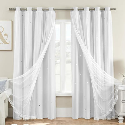 XiDi White Curtains for Girls Bedroom 84 Inches Long Blackout Nursery Curtains Double Layer with Sheer Overlay for Kids Toddler Princess Room Grommet Privacy Room Darkening Window Drapes 34 x 84 Inch
