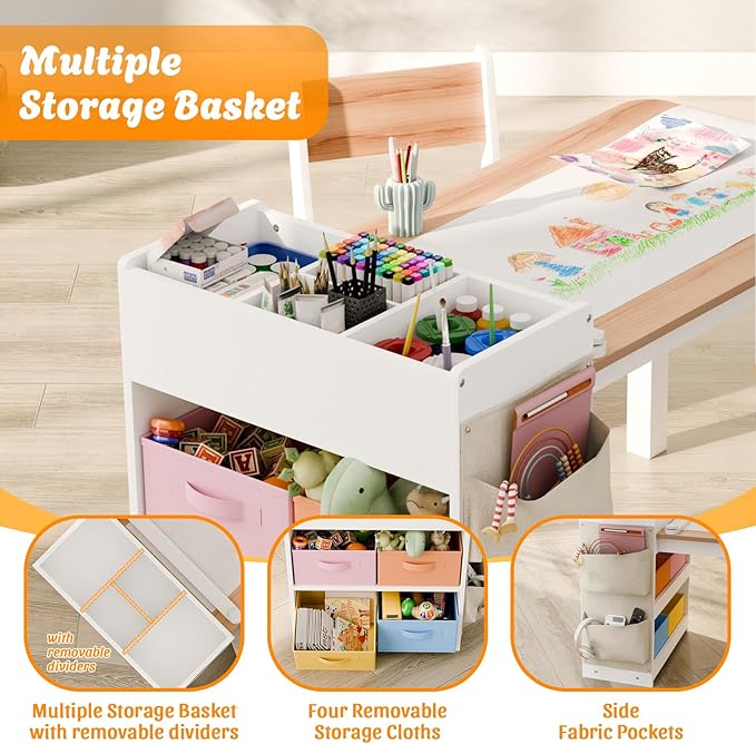 Kids Art Table and Chair - Toddler Craft Table and Chairs Set with 2 Chair & Bins, Large Storage Kids Activity Desk with Paper Roll for Playrooms & Classroom, 40" L x 20" W, Natural