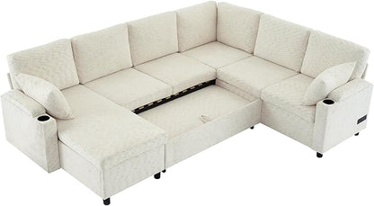Eafurn Oversized U Shaped Sectional Sleeper Sofabed Pull Out Couch Bed for Living Room 6 Seater Upholstered Convertible Pullout Lounge Sofa Couch w/Storage Chaise, USB Ports for Living Room Apartment