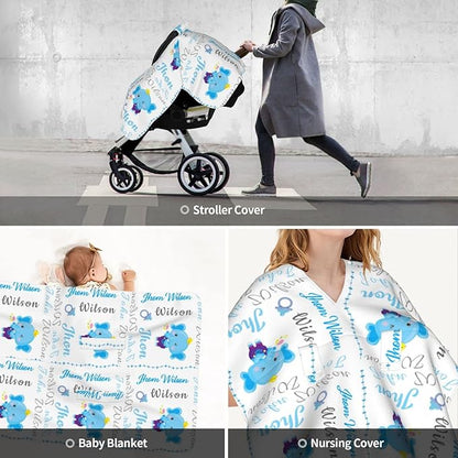 Personalized Cute Elephants Baby Car Seats Canopy for Babies with Name, Custom Monogram Car Seat Cover for Boys Girls, Opening Minky Nursing Breastfeeding Cover Infant Carseat Canopies for Newborn
