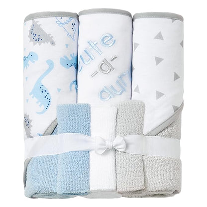 Viviland Baby Towels and Baby Wash Cloths Set Hooded Baby Towels Baby Wipes Absorbent Bath Face Towels Burp Cloths or Face Towels for Girl Boy 6-Pack Size 28 x 28 Inch(Dinosaur)