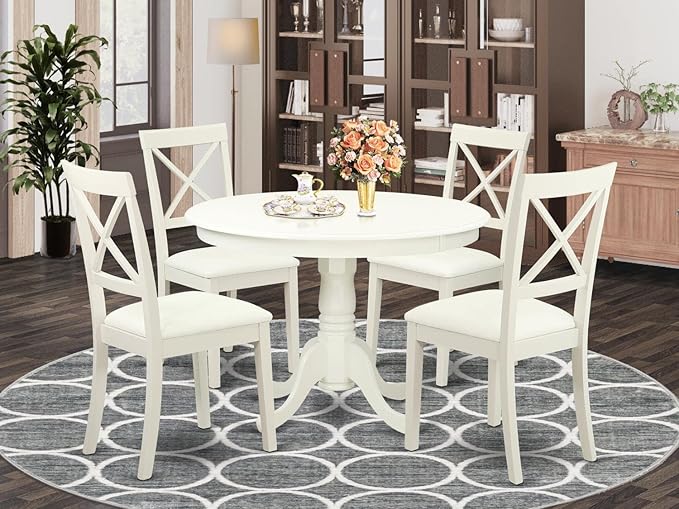 East West Furniture HLBO5-LWH-LC 5 Piece Dining Set Includes a Round Dining Room Table with Pedestal and 4 Faux Leather Upholstered Chairs, 42x42 Inch, Linen White