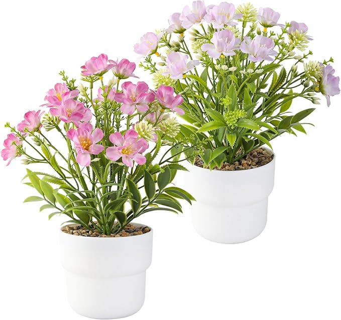 2-Piece Potted Artificial Freesia Flowers | Lifelike Indoor Plants for Home, Office, Bedroom, Bathroom Decor | Rustic Farmhouse Style Artificial Greenery