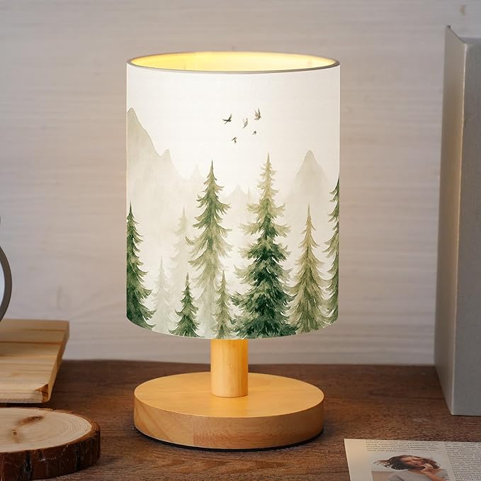VIHOSE Pine Tree Bedside Table Lamp Forest Table Lamp Vintage Nightstand with Linen Fabric Shade Solid Wood Base Decoration for Kids Living Room Bedroom Desk Dorm