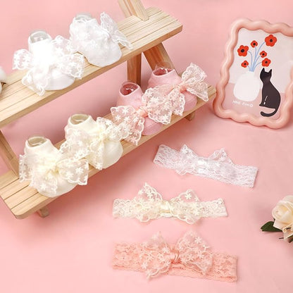 3 Pack Baby Girls Headbands and Socks Set Newborn Lace Bow Hairbands Non-Slip Grips Socks for Babies Infants and Toddlers (Beige, Pink, White)