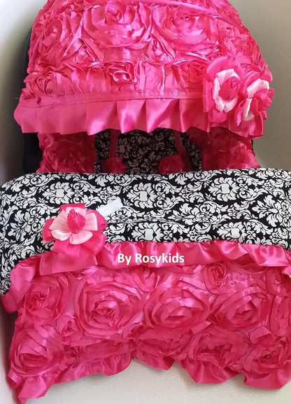 Rosy Kids Infant Carseat Canopy Cover 4pc Whole Caboodle, Baby Car Seat Cover Baby Blanket Outdoor Travelling Kit, 3D Rosette Fabric Hot Pink Damask Print