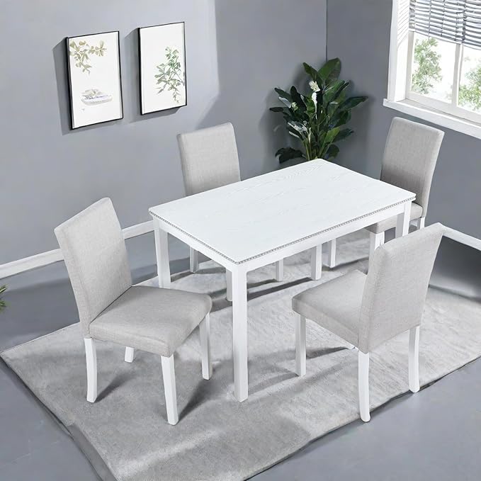 Dining Table Set, 5 Piece Counter Height Table Set with Rectangular Table and 4 Upholstered Chairs, Wooden Dinner Set with Crystal Decoration, Dining Chair with Footrest, Beige&White