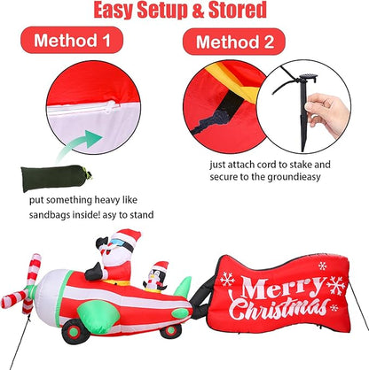 VCUTEKA Christmas Inflatables Outdoor Decorations, 10.5FT Blow Up Airplane Santa Claus and Penguin, Animated Christmas Inflatable Rotating Propeller, LED Light Yard Decoration for Holiday Garden