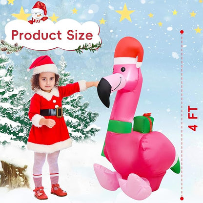 4FT Christmas Inflatable Flamingo Blow up Christmas Decoration Built-in LEDs Indoor Outdoor Yard Graden Party Holiday Decor
