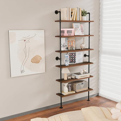 6 Tier Industrial Ladder Shelf Bookcase, Wall Mounted Rustic Bookshelf for Living Room Decor and Storage (Walnut Color, 6 Tier - 10" D x 36" W x 82.5" H)