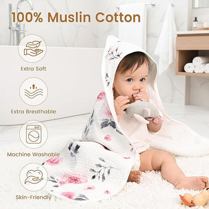 david's kids 2 Pack Baby Hooded Towels, Large 32"x32", 6 Layer 100% Muslin Cotton Absorbent Girl Bath Towel for Newborn, Infant and Toddler. Soft and Breathable Baby Essentials, Pink Floral&Rose