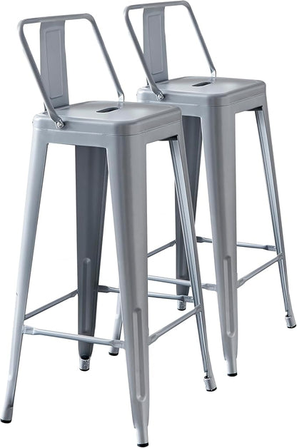 AC Pacific 30” Metal Barstool Set of 2 – Country Rustic Style with Low Back, Lightweight & Sturdy Build, Easy Assembly – Matte Silver