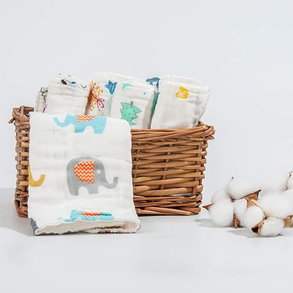 NTBAY 6 Pack Baby Muslin Washcloths, 6 Layers Natural Cotton Newborn Baby Face Towel with Animals Printed Design, Soft and Breathable Reusable Wipes and Shower Gift for Baby Registry, 10x10 inches
