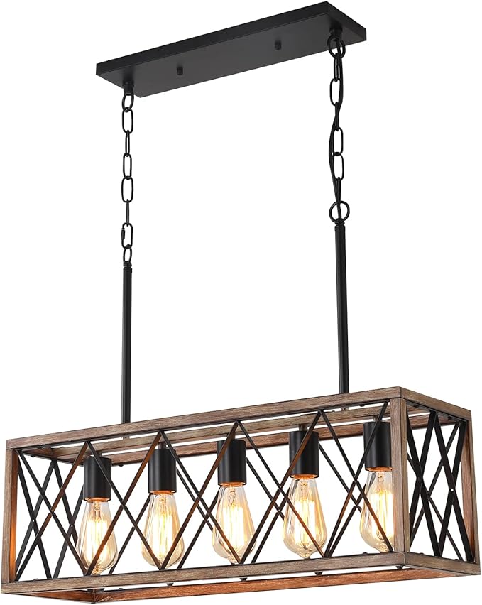 KEESFU 5-Light Dining Room Light Fixture, Farmhouse Kitchen Island Lighting,Adjustable Height Pendant Light, Rustic Linear Chandelier for Kitchen, Dining Room Table, Pool Table. (Wood Grain Color)