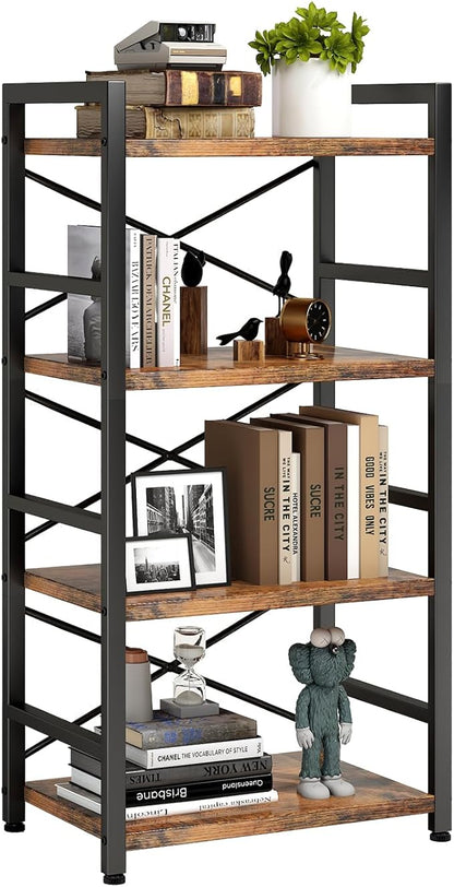 Homeiju Bookshelf, 4 Tier Small Bookcase, Organizers and Storage, Metal Small Bookcase, Rustic Book Shelf Organization and Storage for Living Room, Bedroom, and Home Office(Rustic Brown)