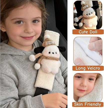 2 PCS Seat Belt Cover Pad, Cute Kawaii Animal Dog Seatbelt Covers for Kids and Adults, Winter Plush Fluffy Soft Seat Belt Cover, Cartoon Seatbelt Cushion,Car Seat Strap Pads (G-Dog(Khaki))