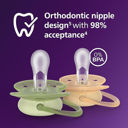 Philips Avent Ultra Soft Pacifiers - Orthodontic Design, for Babies 6-18 Months, Flexible Shield, Silicone Symmetrical Nipple, BPA-Free, 2 Sterilizing Cases, 4 Pack, SCF091/52