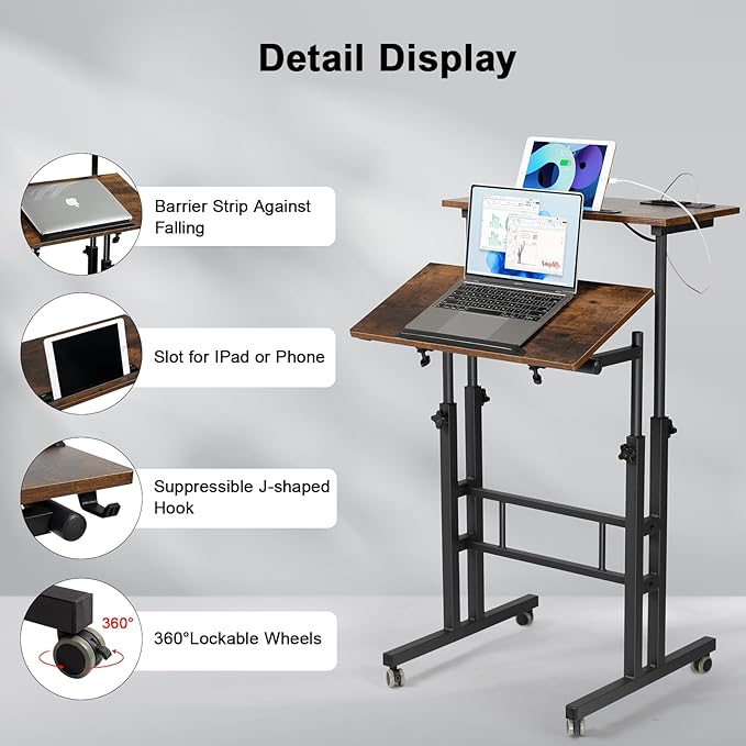 Hadulcet Mobile Standing Desk with Charging Station, Adjustable Standing Computer Desk, Standing Adjustable Laptop Cart with Wheels for Home Office Classroom Rustic Brown