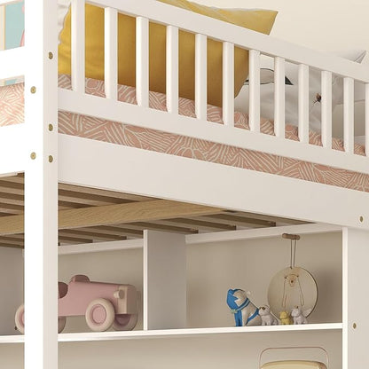 HomSof Full Size Loft Bed with Built-in Desk, Bookshelves and Storage Staircase,White