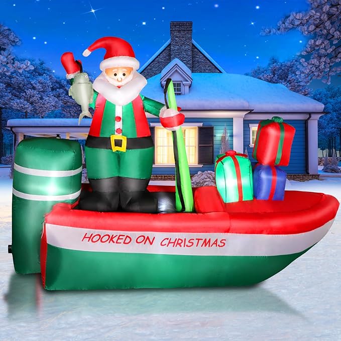 8FT Christmas Inflatables Santa Claus Fishing on a Boat with Colorful Gift Boxes, Giant Blow Up Santa Outdoor Decorations with Built-in Lights for Yard Lawn Garden Xmas Party Holiday Decor