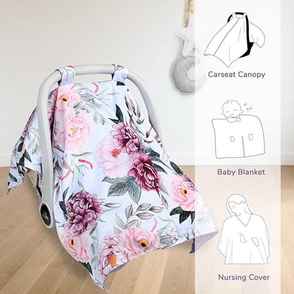 Baby Car Seat Cover, Peekaboo Opening Car Seat Canopy for Baby Girls Boys, Mom Nursing Breastfeeding Covers, Blanket for Infant, Pink Purple