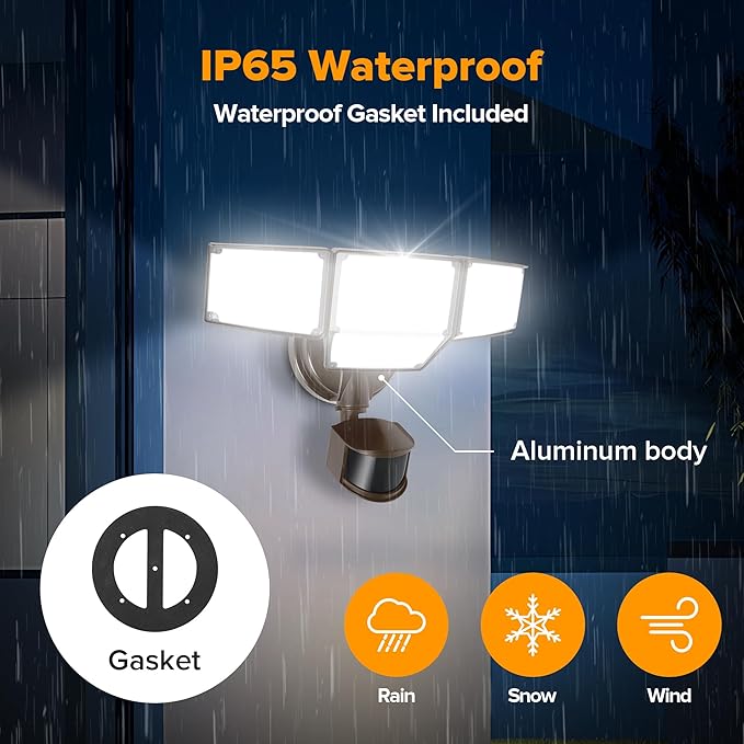 LUTEC 80W 9000LM LED Security Lights Hardwire Motion Sensor Outdoor Lights, 4 Head LED Flood Light Outdoor 5000K Daylight, IP65 Waterproof, Motion Detected Light for Outside, Garage, Yard (Brown)