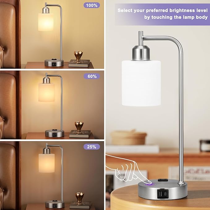Innqoo Industrial Nickel Table Lamps for Bedrooms Set of 2-3-Way Dimmable Desk Lamp with USB C+A Ports and Outlet, Sliver Lamps with Striped White Glass Shade for Living Room