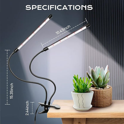 iPower LED Grow Light with Full Spectrum for Indoor Plants, Adjustable Gooseneck, 2/3 Light Modes&5/10 Dimmable Levels, 3 Auto Timing Modes, 2 Tubes, White