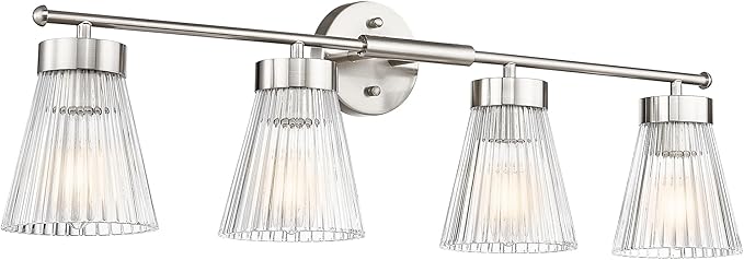 4-Light Bathroom Vanity Light Fixtures, HWH Brushed Nickel Bathroom Vanity Lighting Modern Vanity Light Over Mirror with Clear Striped Glass Shade, 5HZG97B-4W BN