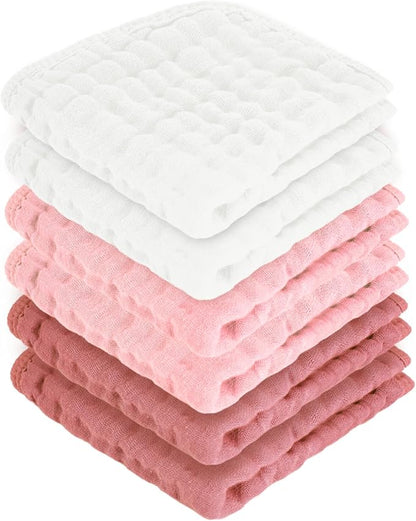 MIGIOL Baby Washcloths 100% Cotton Size is 12x12 inches. Lightweight, Portable, and Ideal for use at Home or on The go. (White & Pink 6 Pieces)