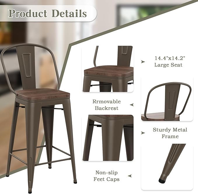 Yongqiang 26 inch Bar Stools Set of 4 Kitchen Counter Height Bar Chairs High Back Metal Barstools with Large Wooden Seat Industrial Rusty
