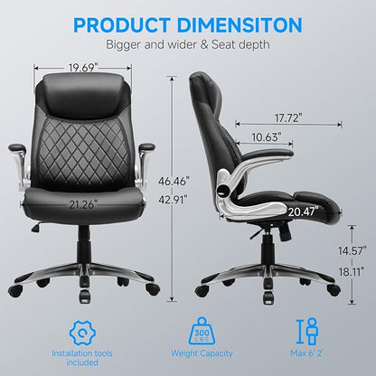 COMHOMA Big and Tall Office Chair, High Back Leather Executive Chair with Pocket Spring Lumbar Support and Flip-up Armrests, Swivel Managerial Office Chair with Adjustable Height， Black