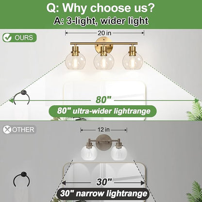 Indoi 3-Light Bathroom Light Fixtures, Brushed Gold Modern Vanity Lights Over Mirror with Clear Glass Globe Shade, Bathroom Wall Sconces for Mirror Kitchen Living Room Hallway Cabinet Bedroom Porch